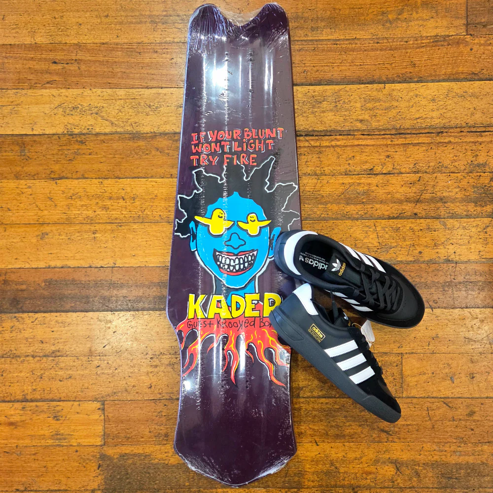 Reverse Auction - Krooked Kader Guest Tri-Plane Deck 9.75" Maroon, Adidas Glenburn Black/Black/White